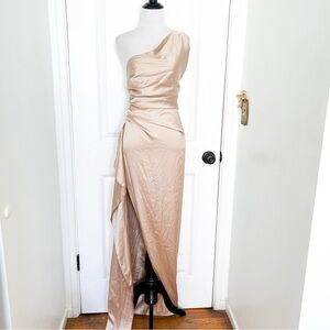 BabyBoo One-Shoulder Maxi Dress Gown in Champagne Satin - Small